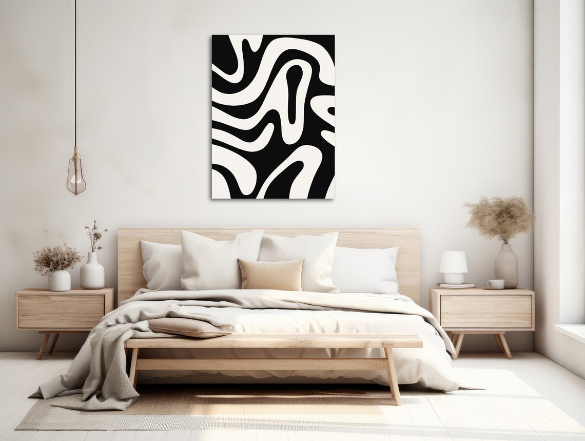 Black White Wavy Lines Abstract Minimal Organic Shapes Wall Art - Image 2