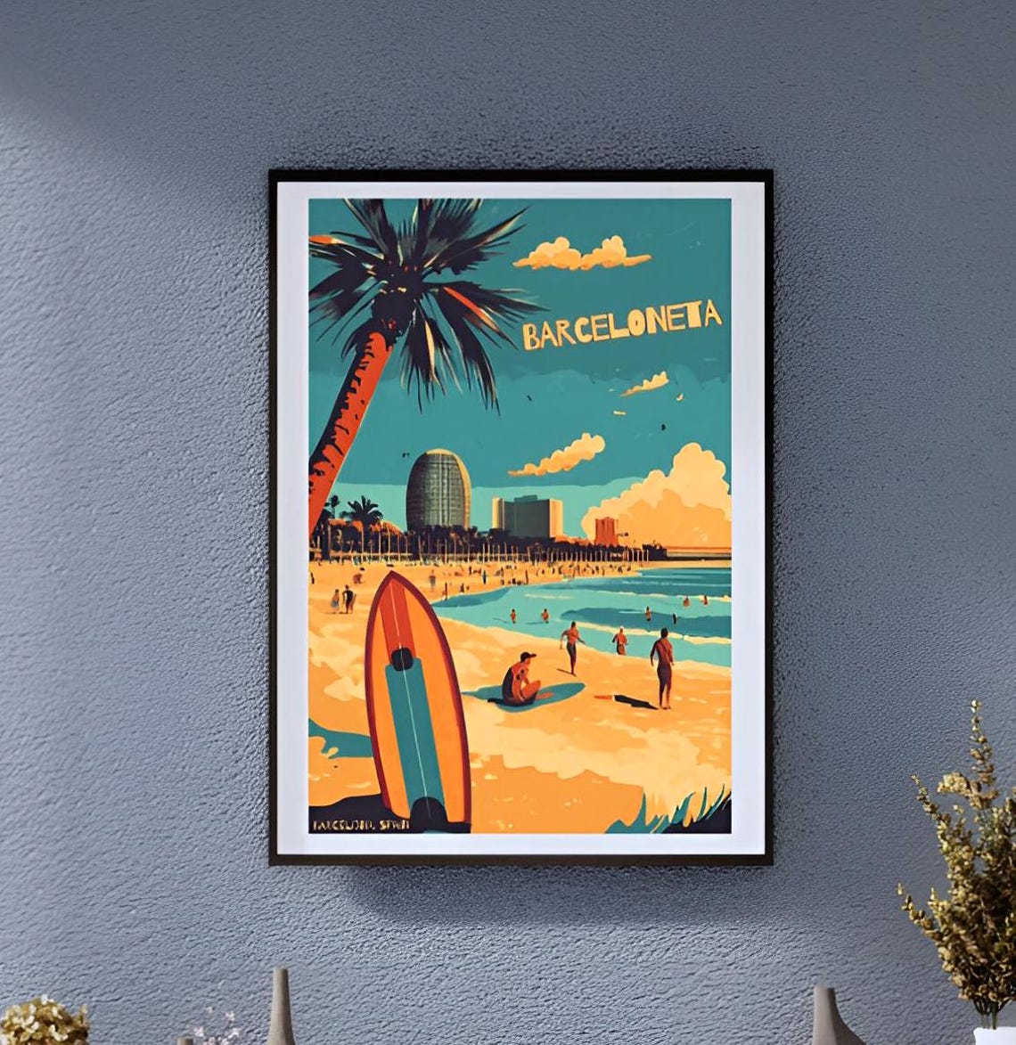 Vintage Barceloneta Barcelona Beach Palm Trees Surfboards Poster