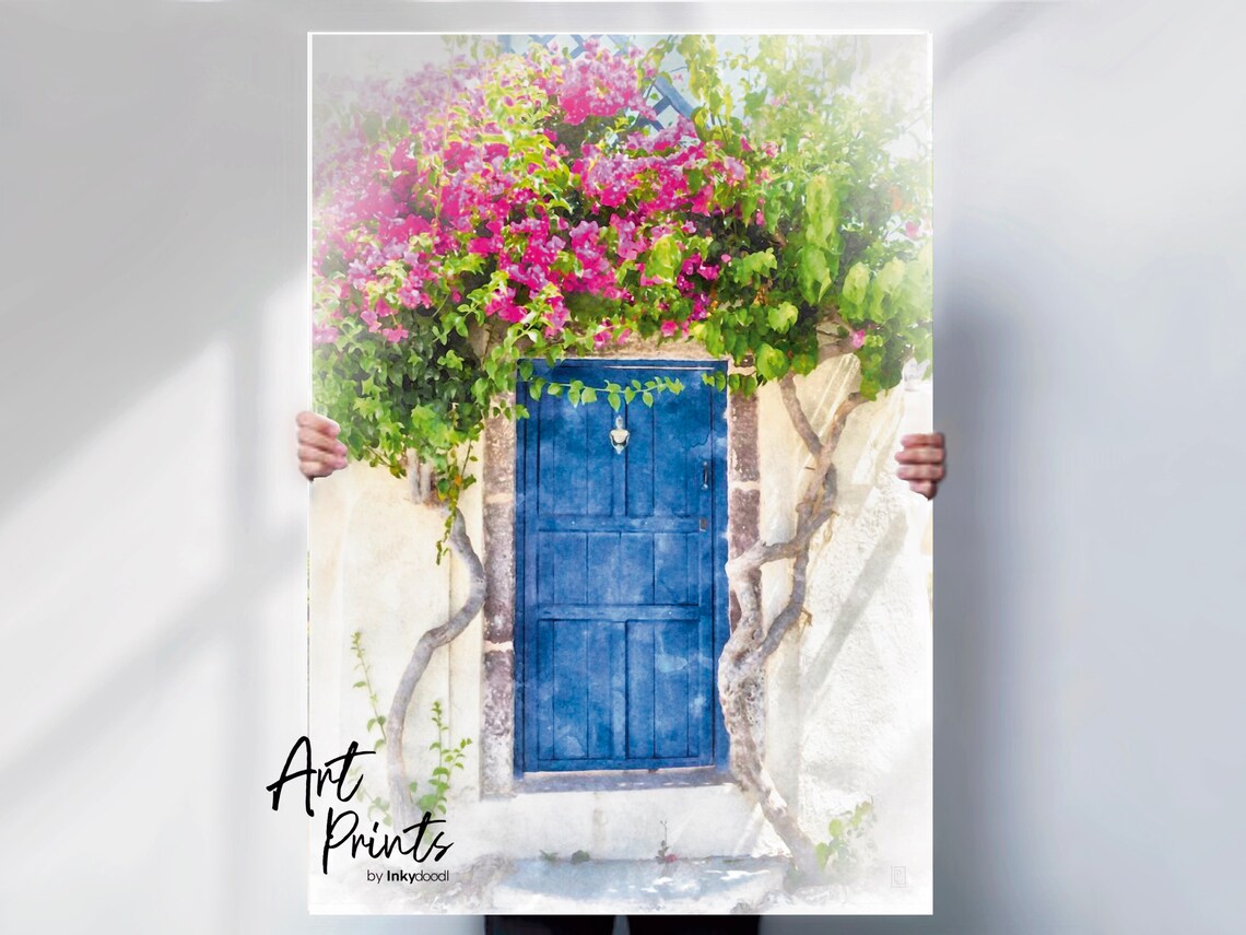 Bright Blue Greek Door Under Pink Bougainvillea Island Charm Poster