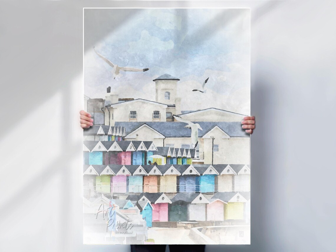 Colorful Walton On The Naze Beach Huts Essex Coast Seagulls Poster