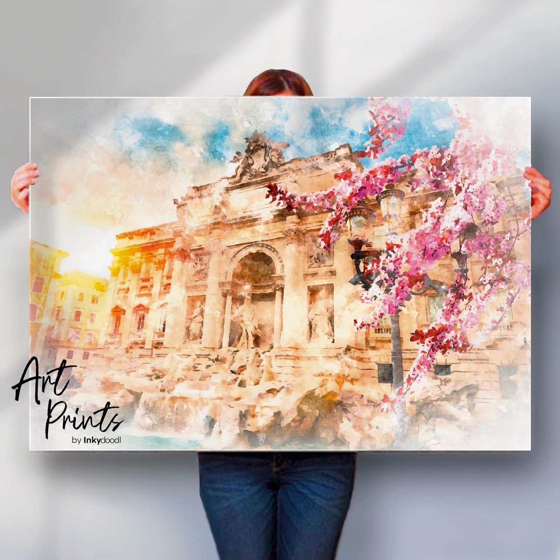 Trevi Fountain Rome Italy Spring Blossom Watercolor Landmark Poster