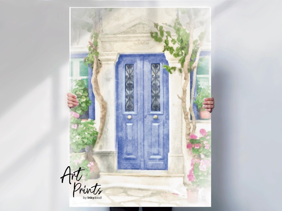 Lavender Blue Greek Double Door Stone Entry Flowering Vine Poster