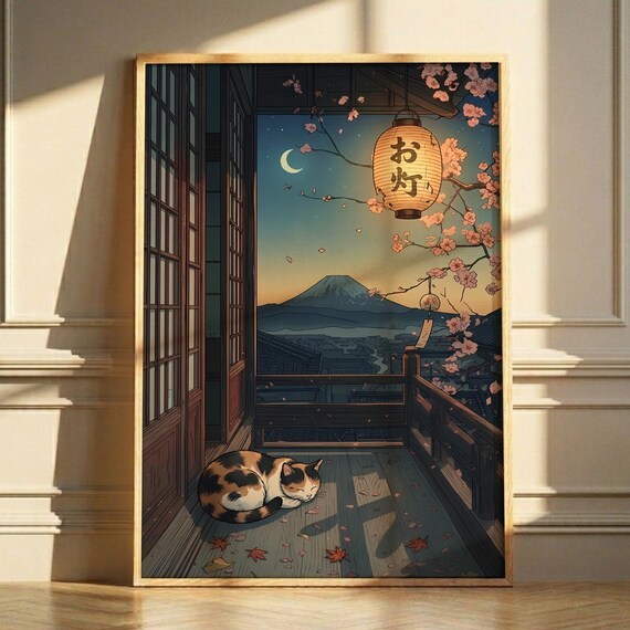 Ukiyoe Cat Balcony Print Mount Fuji Cherry Blossom Night Landscape