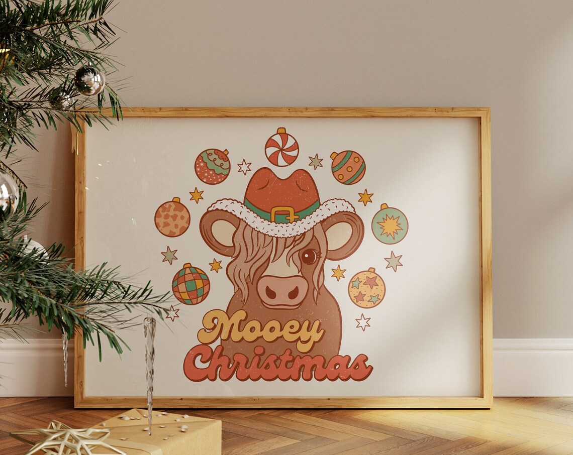 Mooey Christmas Cow in Santa Hat Retro Country Holiday Decor Poster