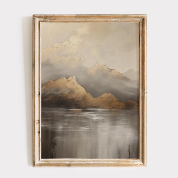 Trendy Moody Landscape Print Abstract Mountain Art Painting Textured Wall Art Neutral Beige Wall Art Cottagecore Decor