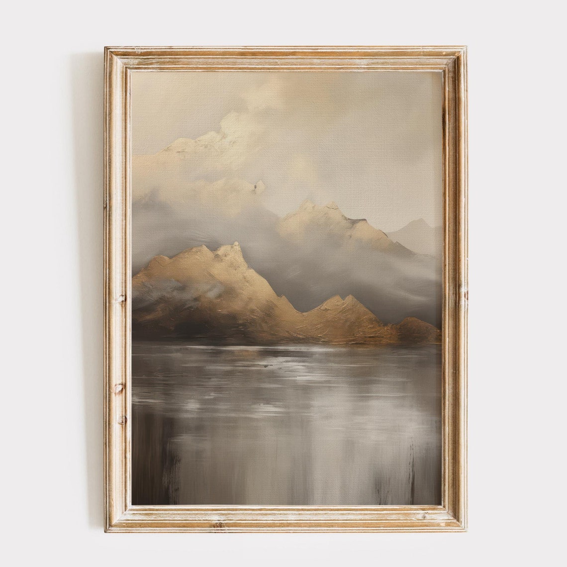 Golden Misty Mountain Peaks Reflecting On Calm Dark Lake Print