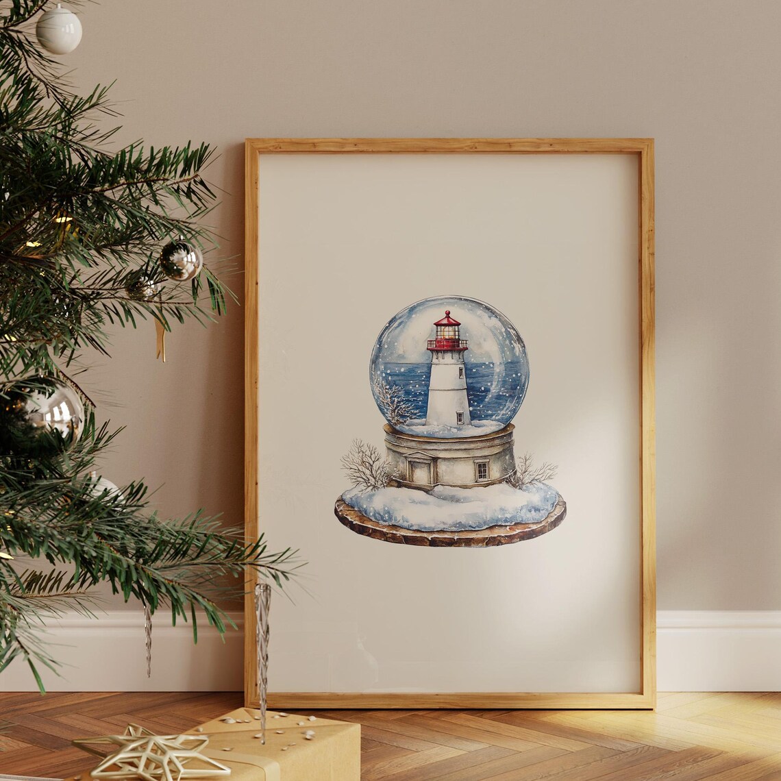 Watercolor Snow Globe Lighthouse Nautical Christmas Decor Poster - Image 4