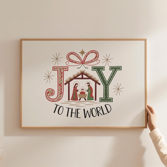 Joy To The World Nativity Scene Horizontal Christmas Typographic Poster