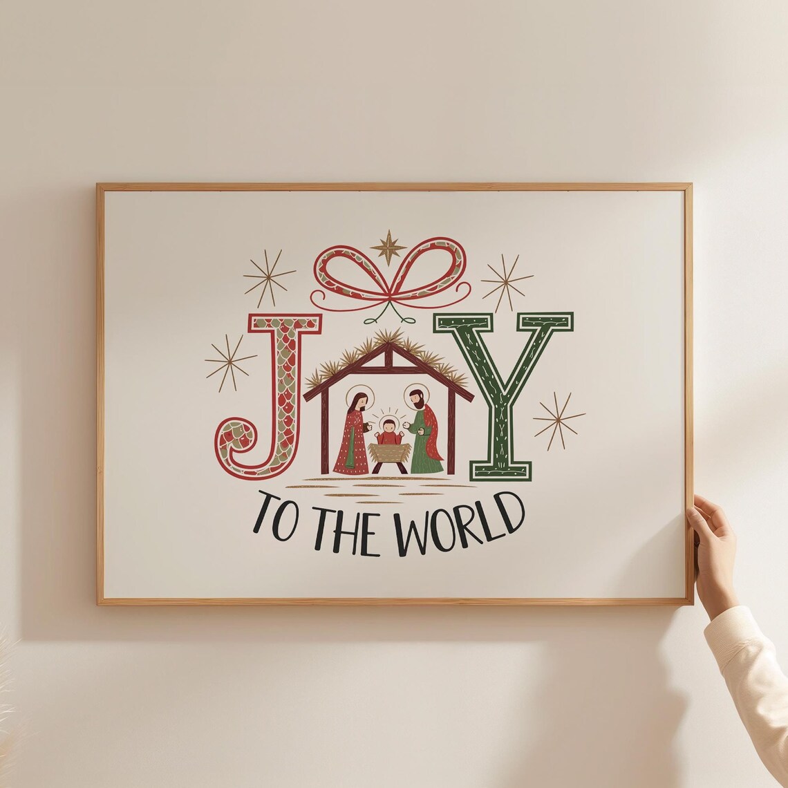 Joy To The World Nativity Scene Horizontal Christmas Typographic Poster