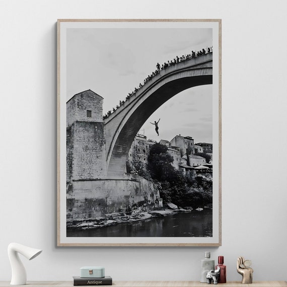 Fine Art Photography Print Black And White Vintage Wall Framed Dive Lifestyle Bridge Jump Home Decor