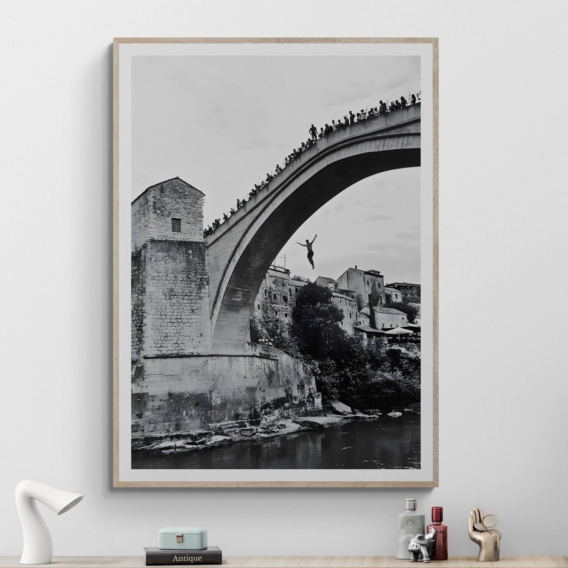 Stone Bridge Diver Jumping Black White Fine Art Photography Poster