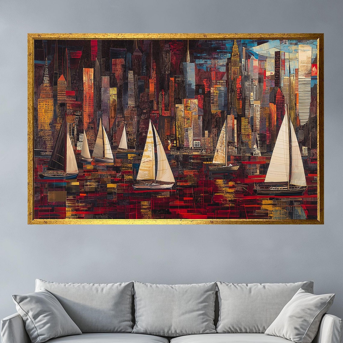 City Skyline Sailboats Harbor Red Abstract Urban Nautical Art Poster