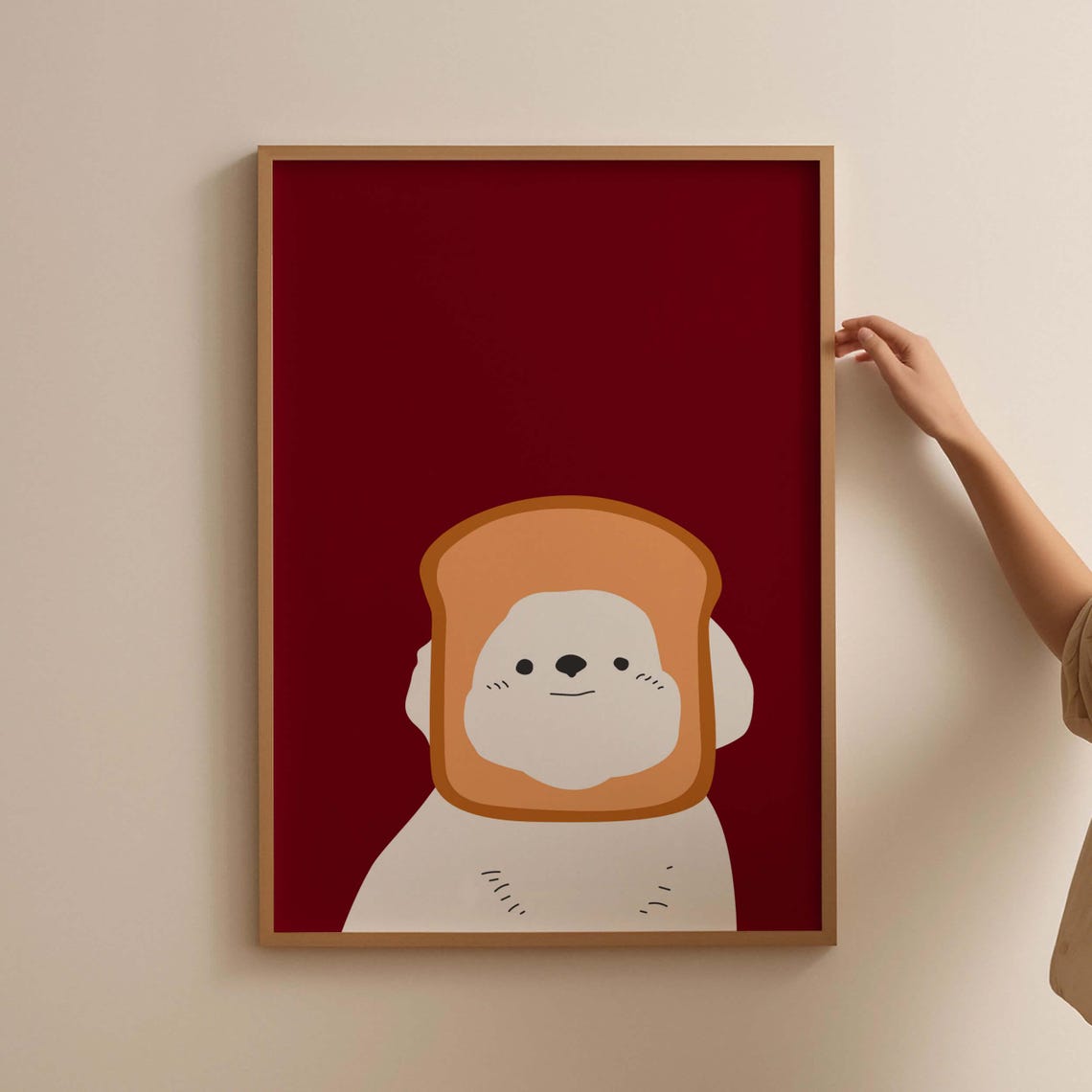 Cute White Dog Wearing a Toast Slice on Deep Red Funny Animal Poster