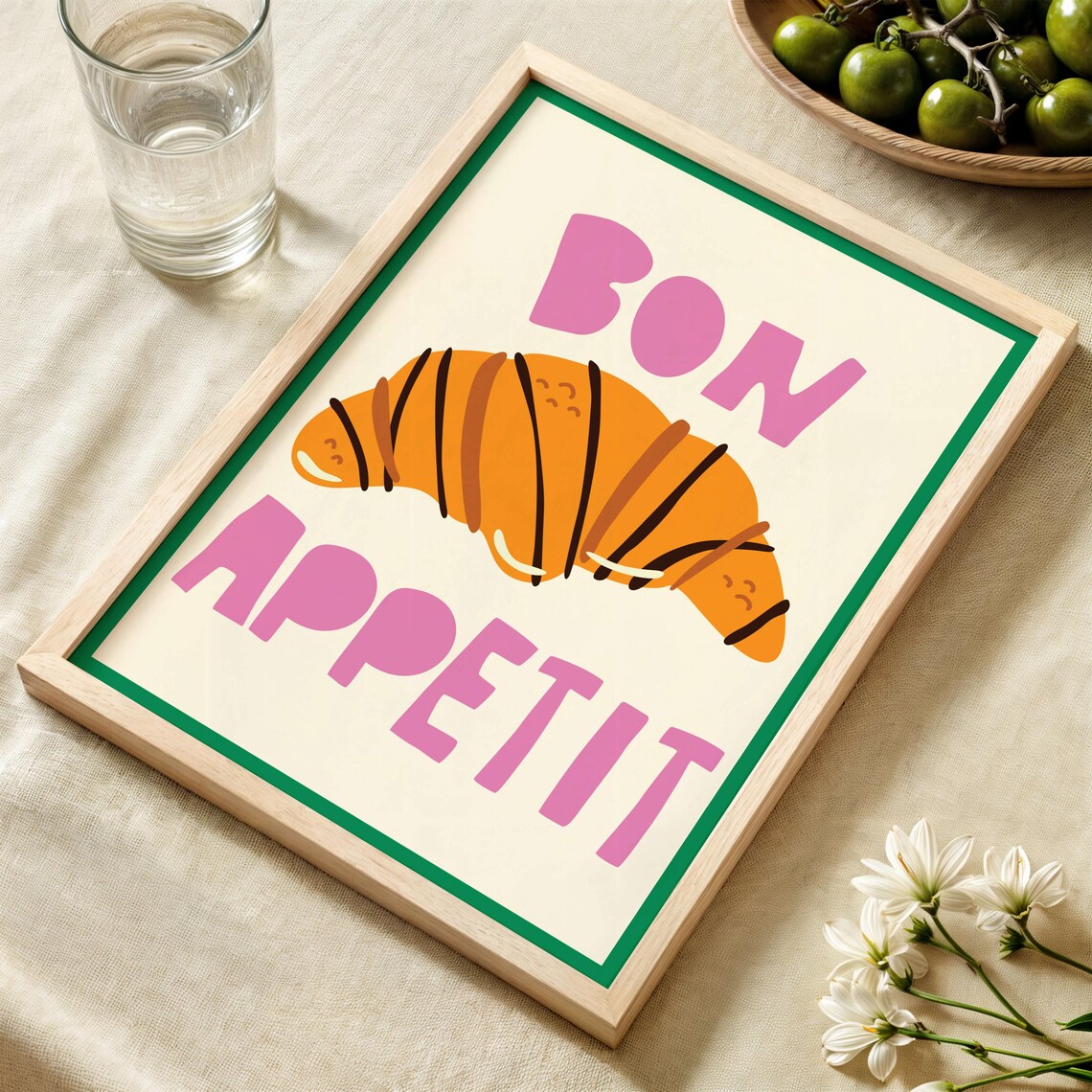 Bon Appetit Croissant Kitchen Poster Pink Green French Food Decor - Image 3
