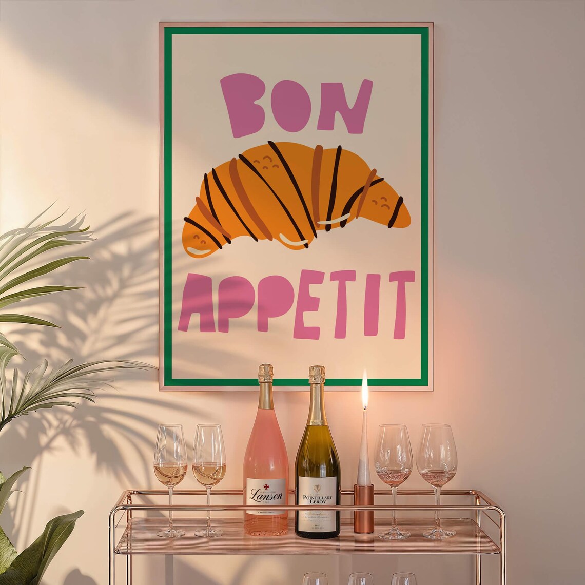 Bon Appetit Croissant Kitchen Poster Pink Green French Food Decor - Image 2