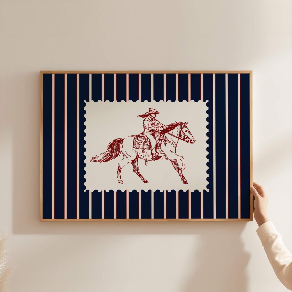 Vintage Cowgirl Galloping On Horse Red Stamp Navy Striped Art Poster