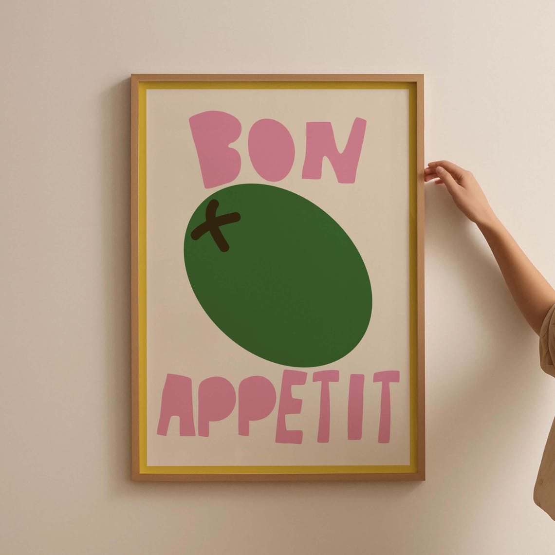 Bon Appetit Olive Kitchen Poster Pink Green Retro Food Wall Decor