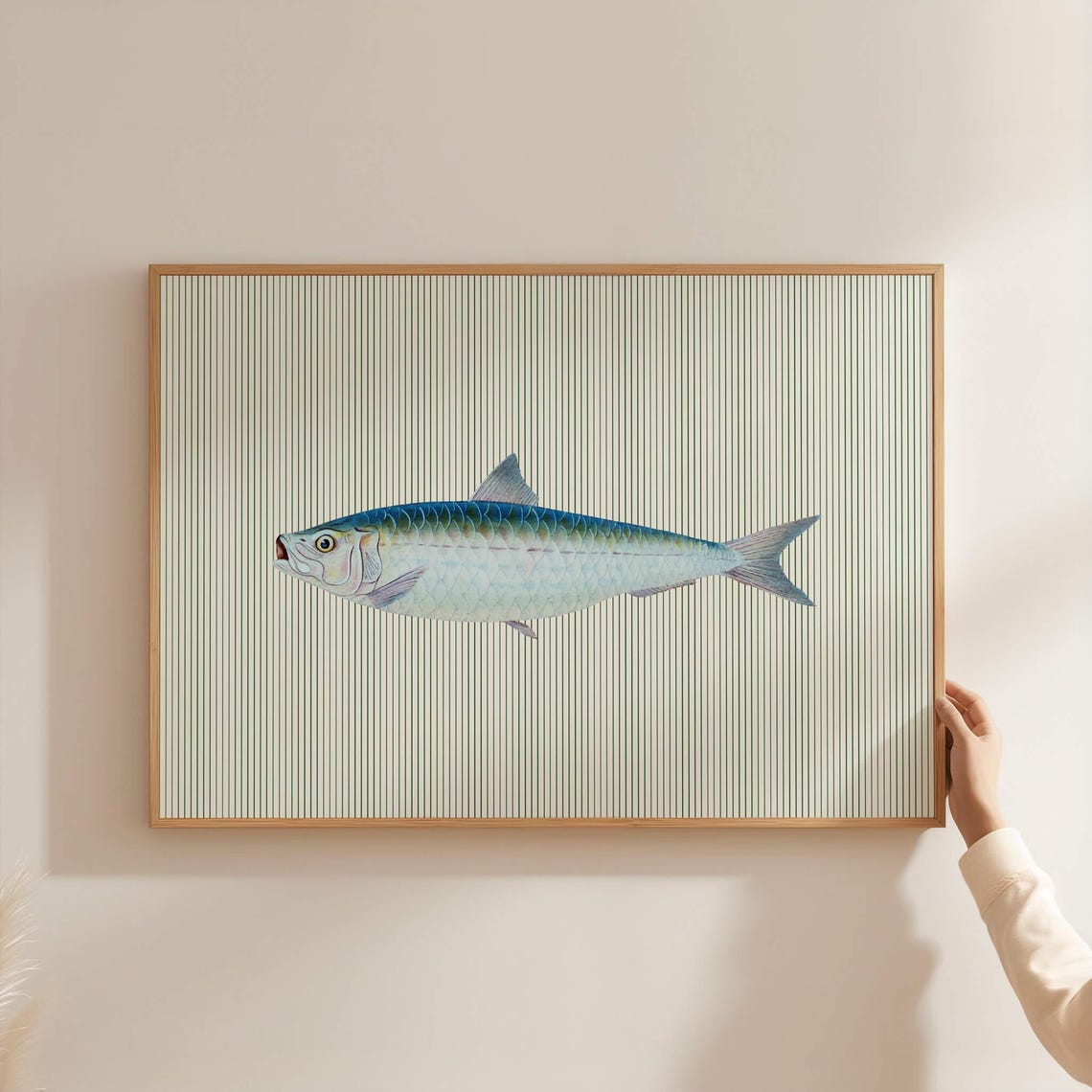 Blue Sardine Style Fish on Green Pinstripe Seafood Kitchen Poster
