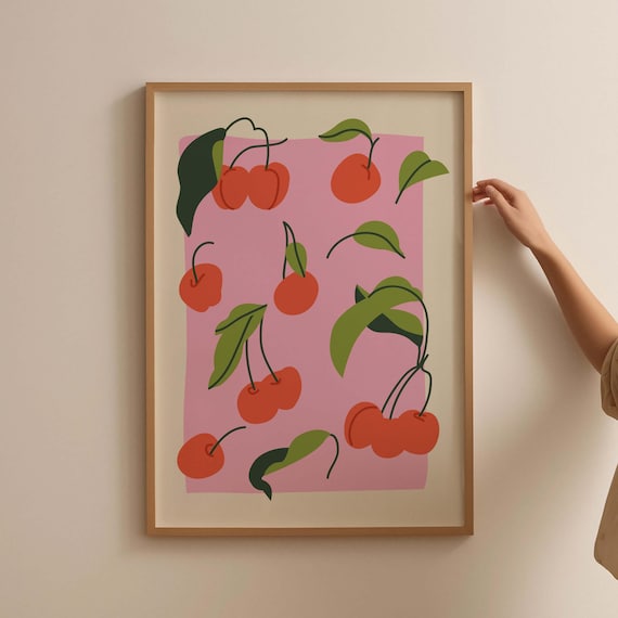 Red Cherries On Pink Background Modern Fruit Market Art Print