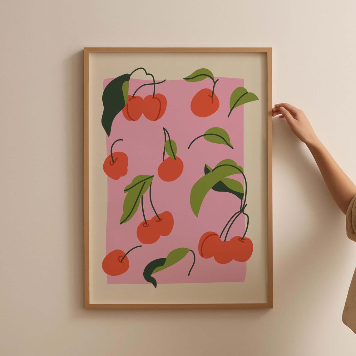 Red Cherries On Pink Background Modern Fruit Market Art Print