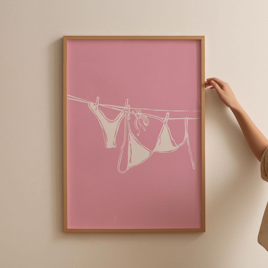 Pink Bikini Clothesline White Line Drawing Minimalist Summer Art Print