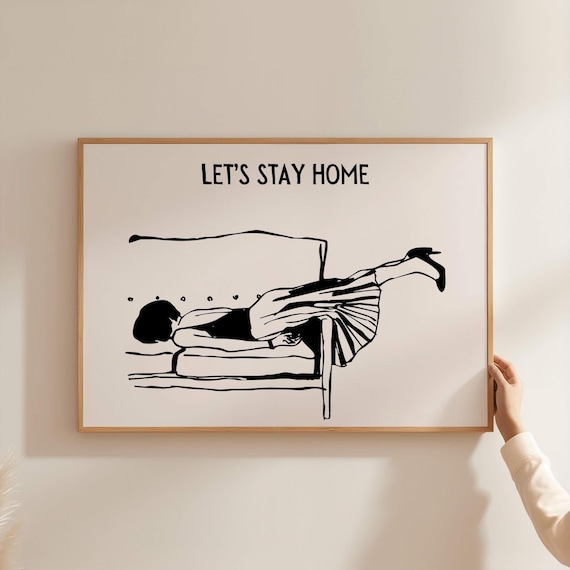 Lets Stay Home Funny Introvert Line Art Horizontal Quote Poster