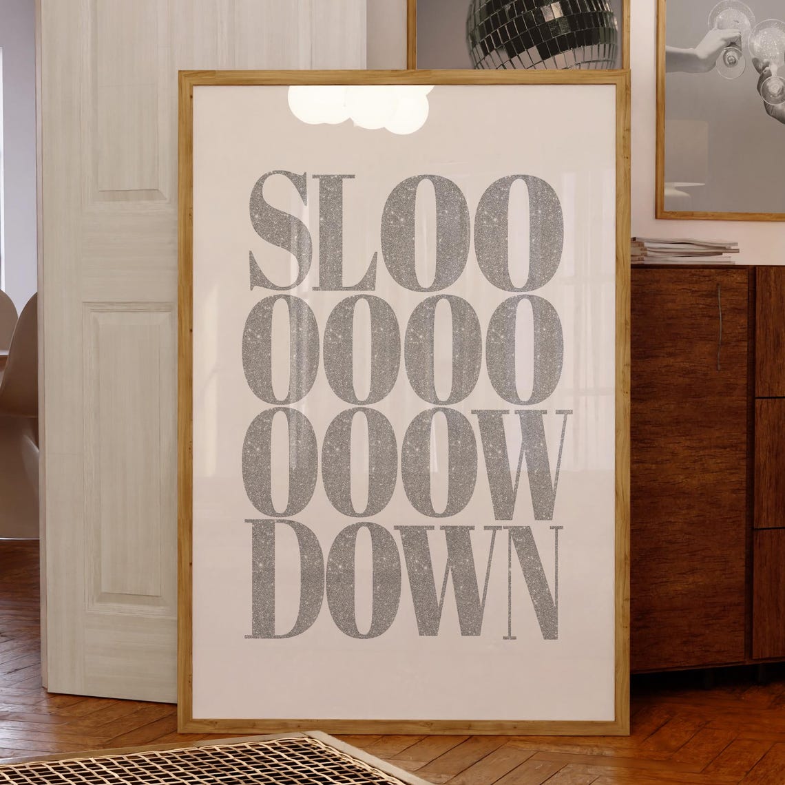 Slooo Ooow Down Silver Glitter White Minimalist Typography Poster