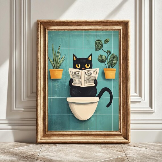 Black Cat On Toilet Reading Newspaper, Funny Cat Art