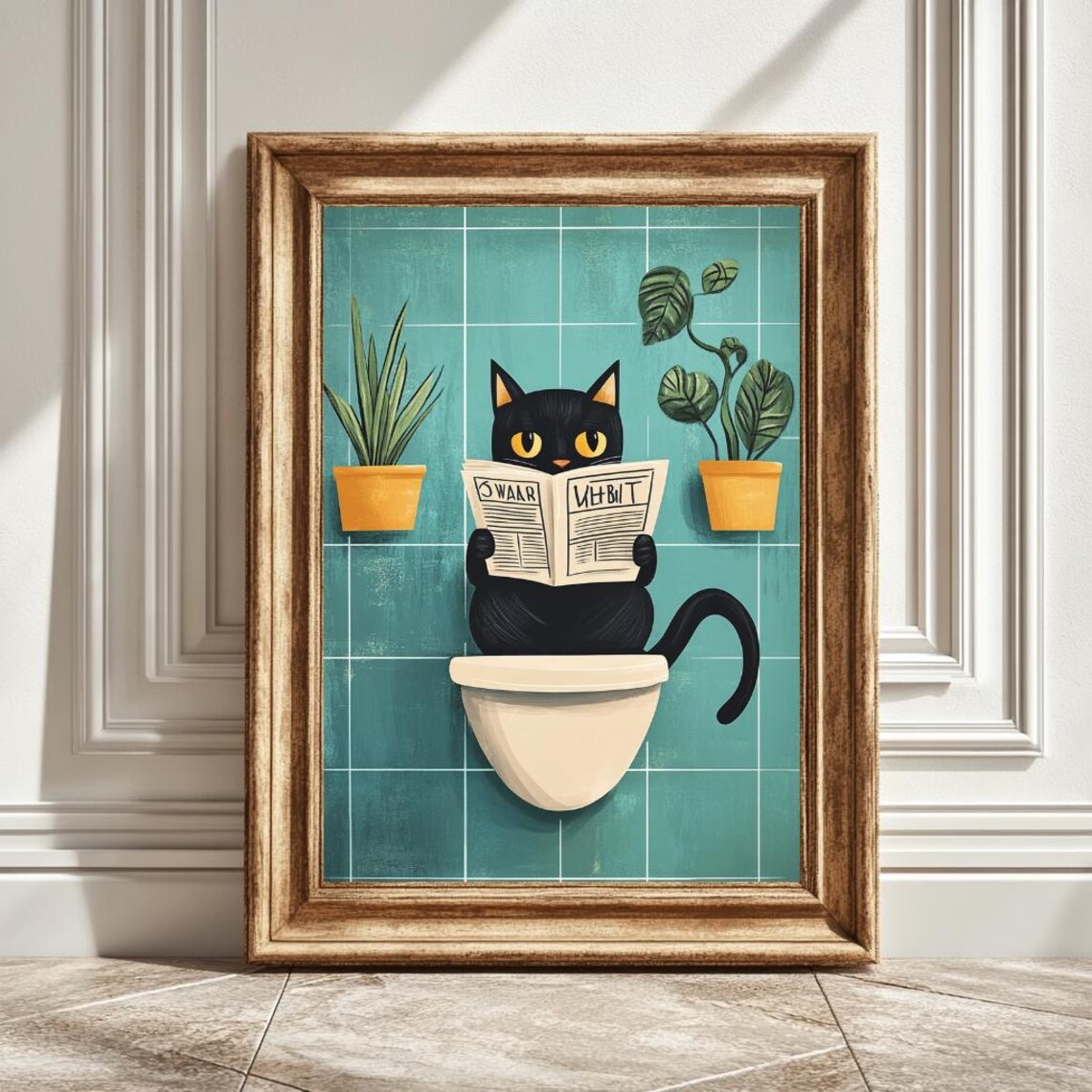 Black Cat On Toilet Reading Newspaper, Funny Cat Art