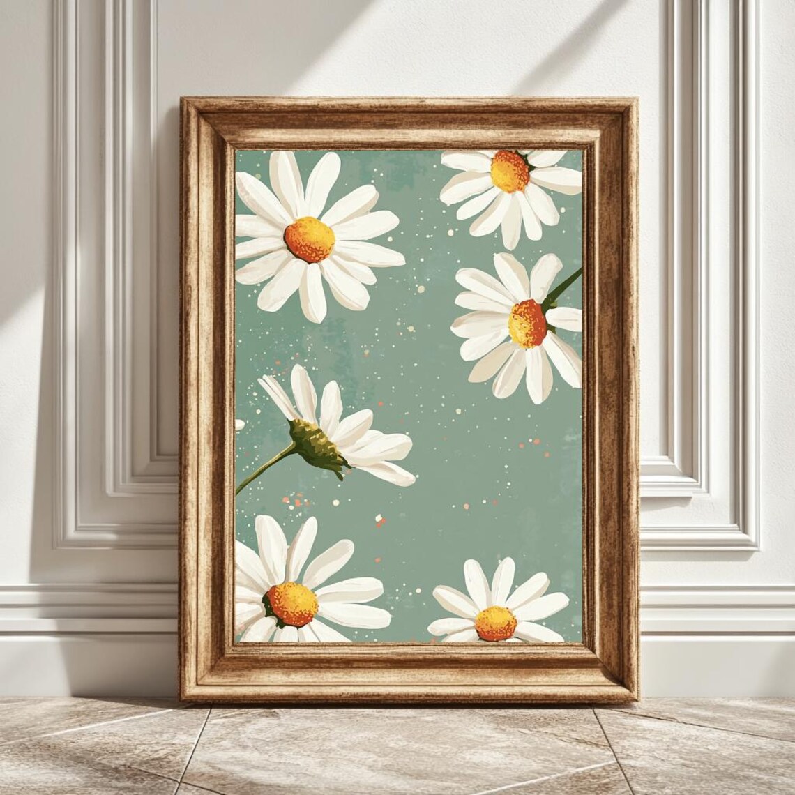 Daisies Illustration, Pastel Green Background