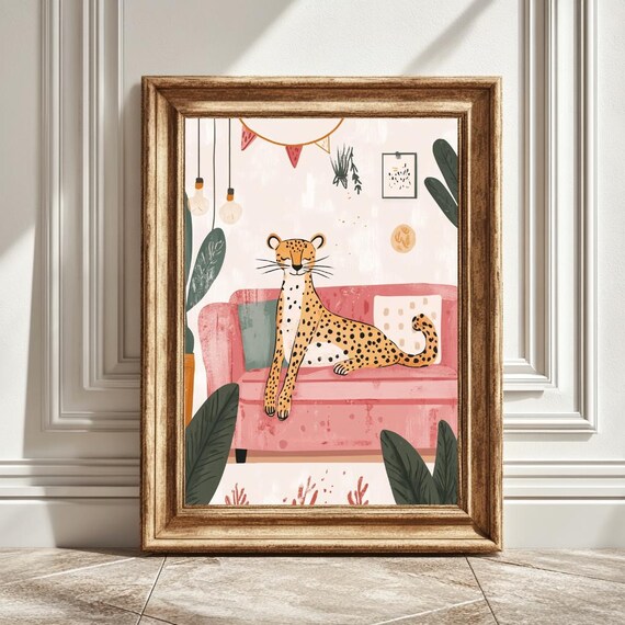 Cheetah On A Couch, Watercolour Style Art Print
