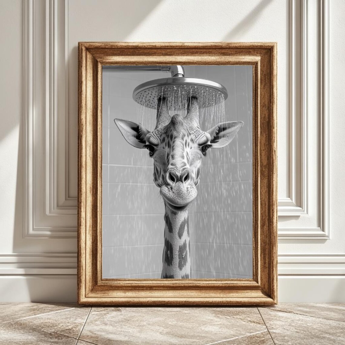 Giraffe In Shower - Funny Black And White