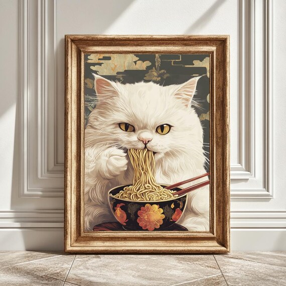 White Cat Eating Ramen, Cute Kawaii Kitchen Decor