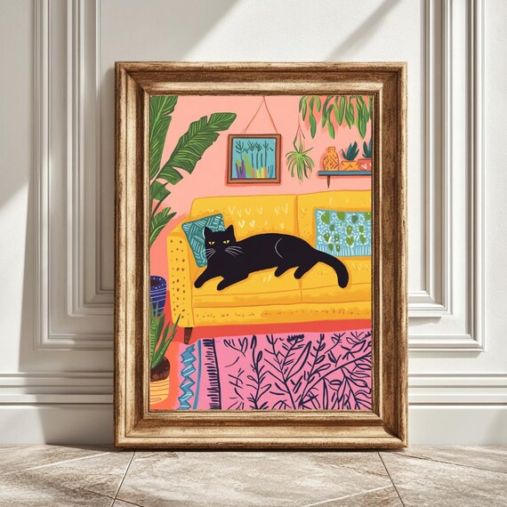 Black Cat on Sofa, Cat Lover Gift