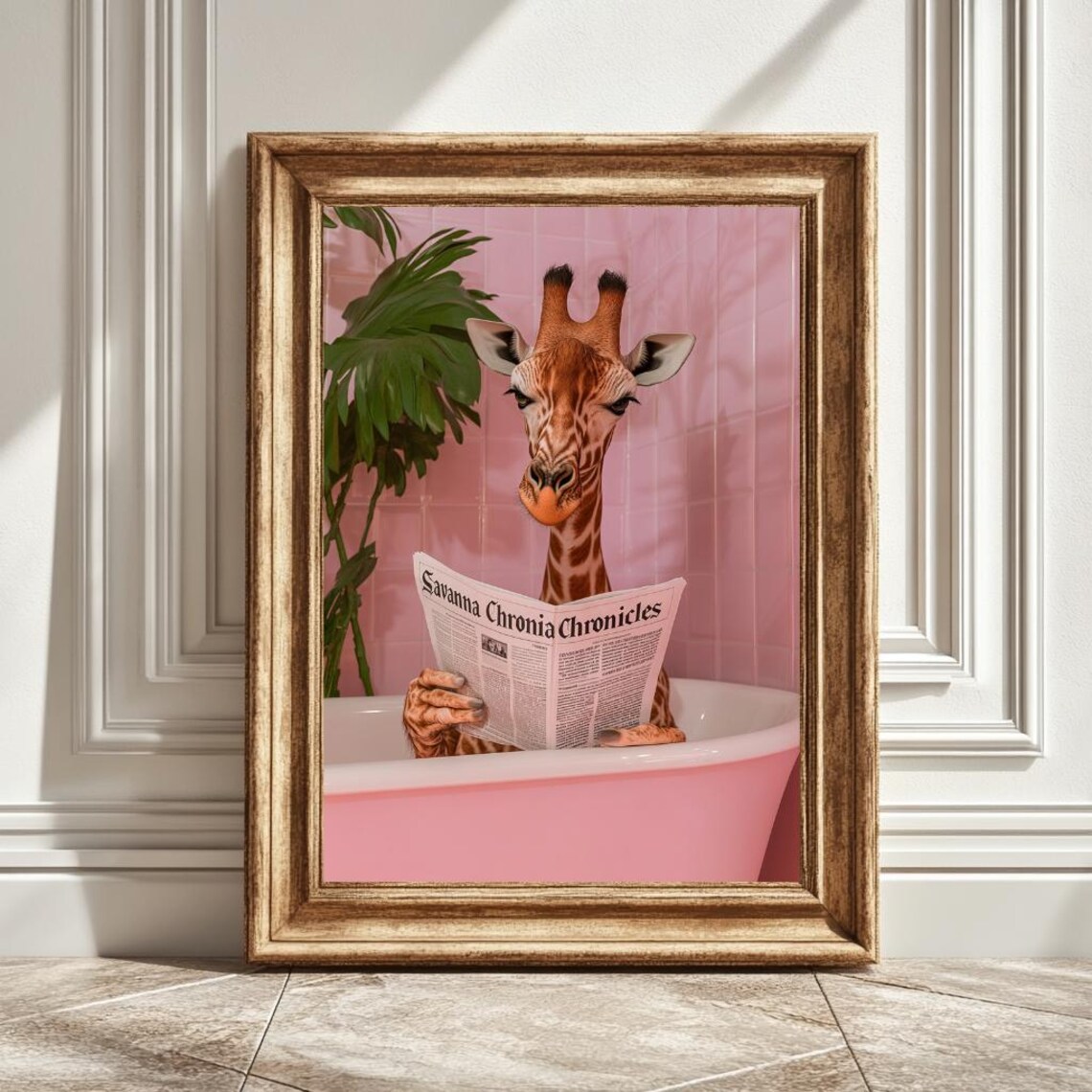 Giraffe In Bathtub Reading Newspaper, Quirky Animal Decor