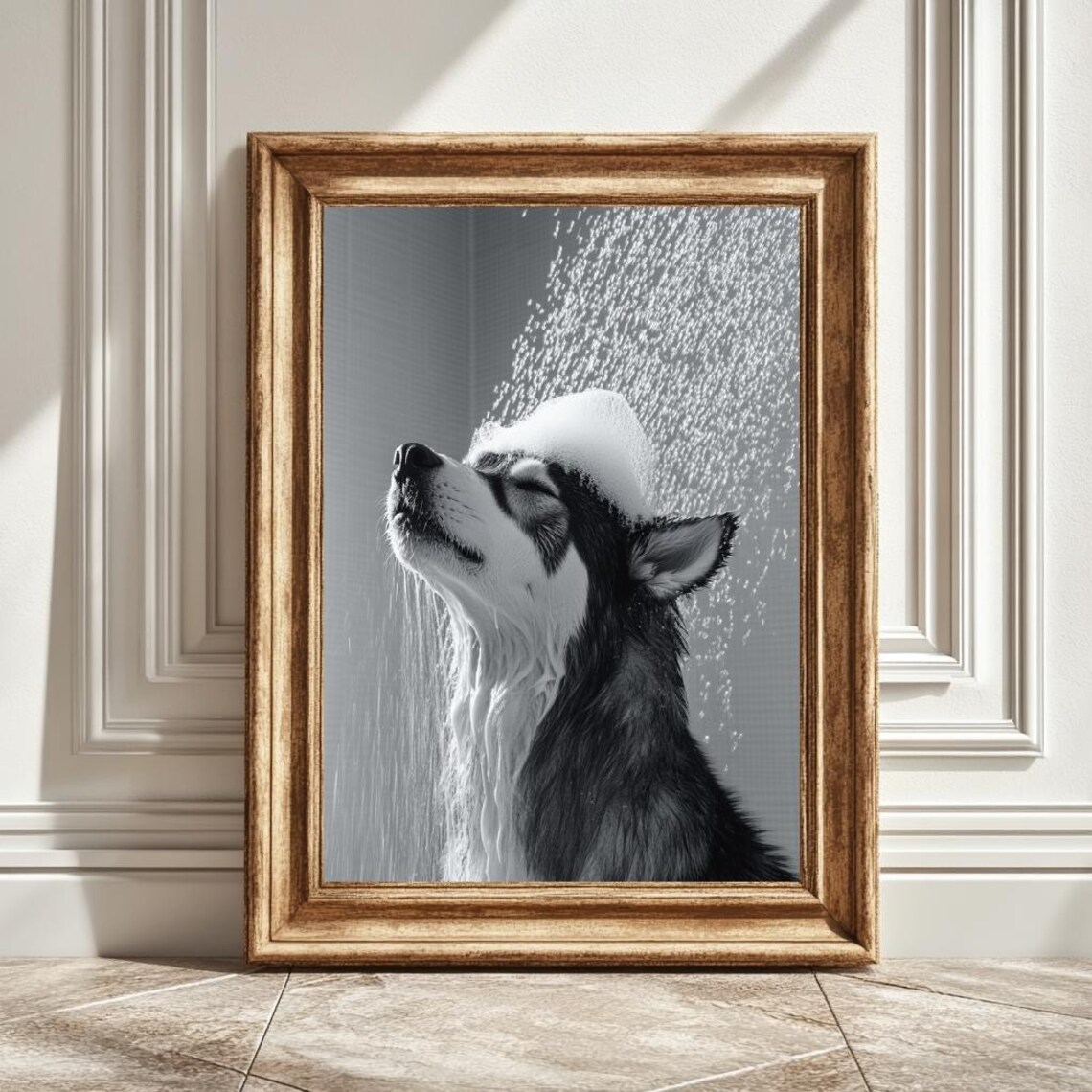 Black And White Husky Under The Shower, Pet Decor