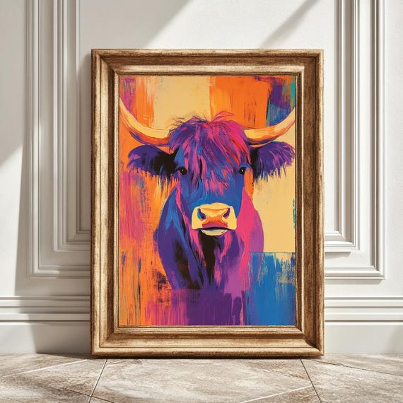 Matisse-Inspired Highland Cow, Funky Retro Art Print