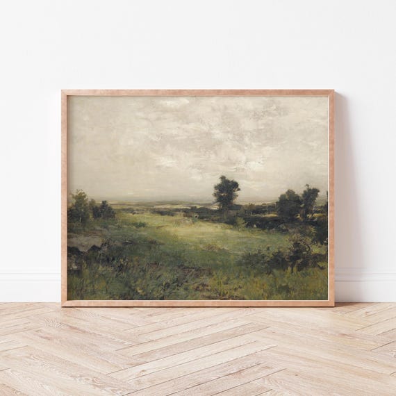 Moody Green Field With Trees Art Print Home Decor Vintage Landscape Wild Violets La0021