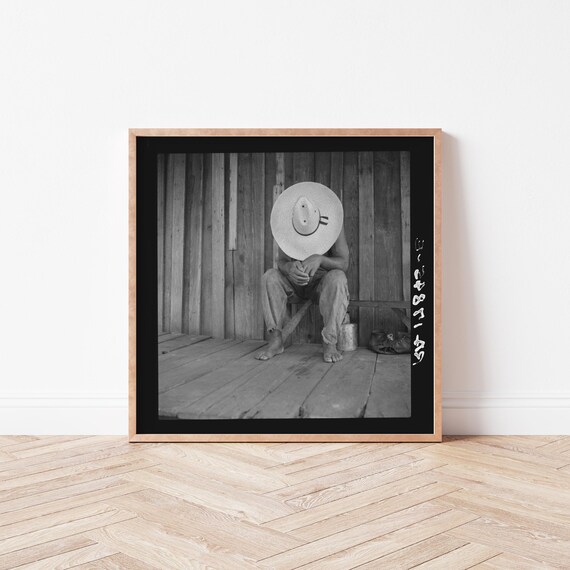 Vintage Black White Porch Photo Cowboy Hat Americana Art Print