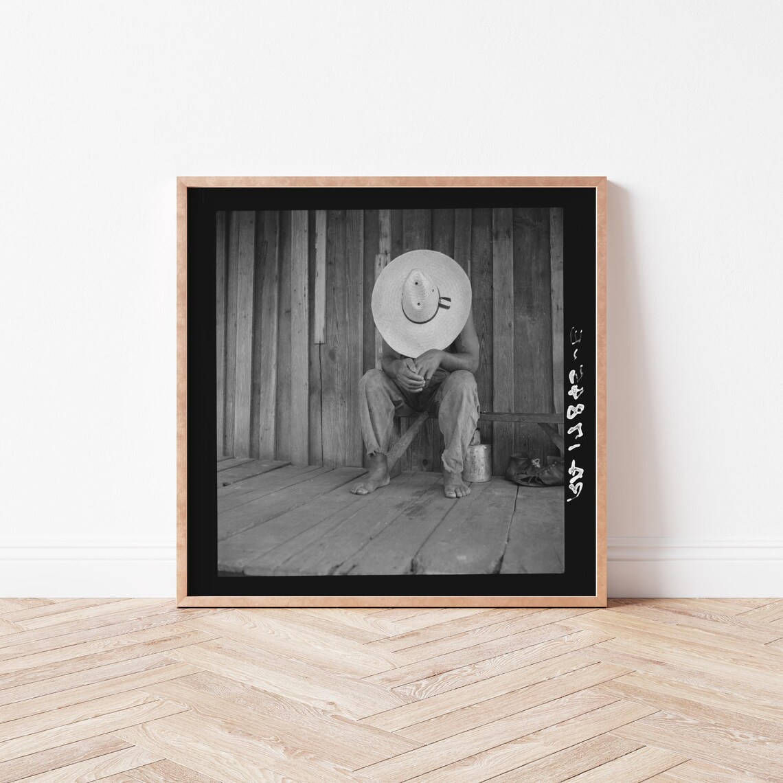 Vintage Black White Porch Photo Cowboy Hat Americana Art Print