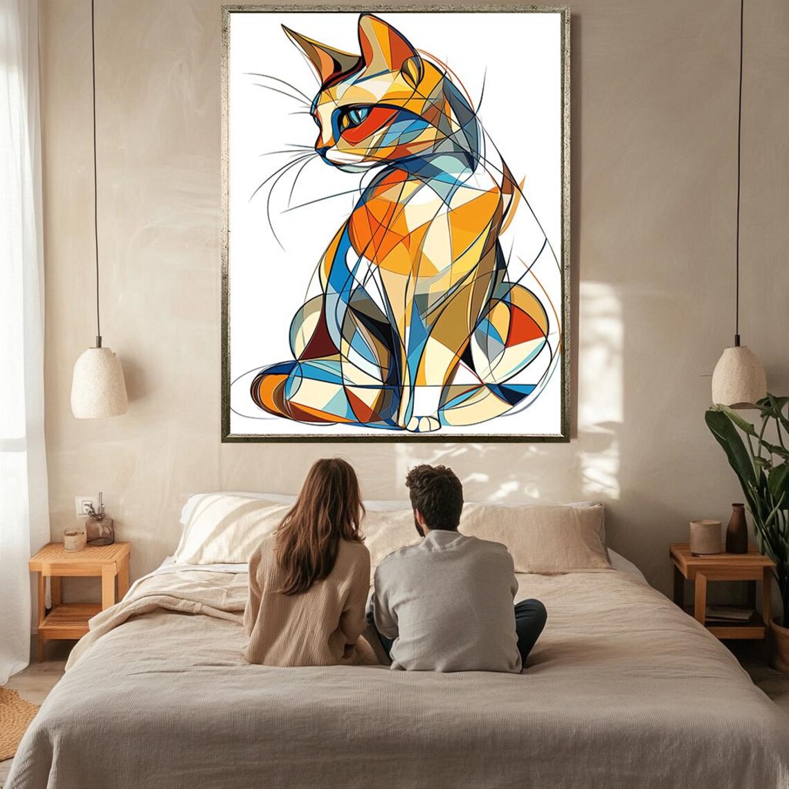 Colorful Geometric Cat Cubist Line Art Modern Feline Wall Poster - Image 2