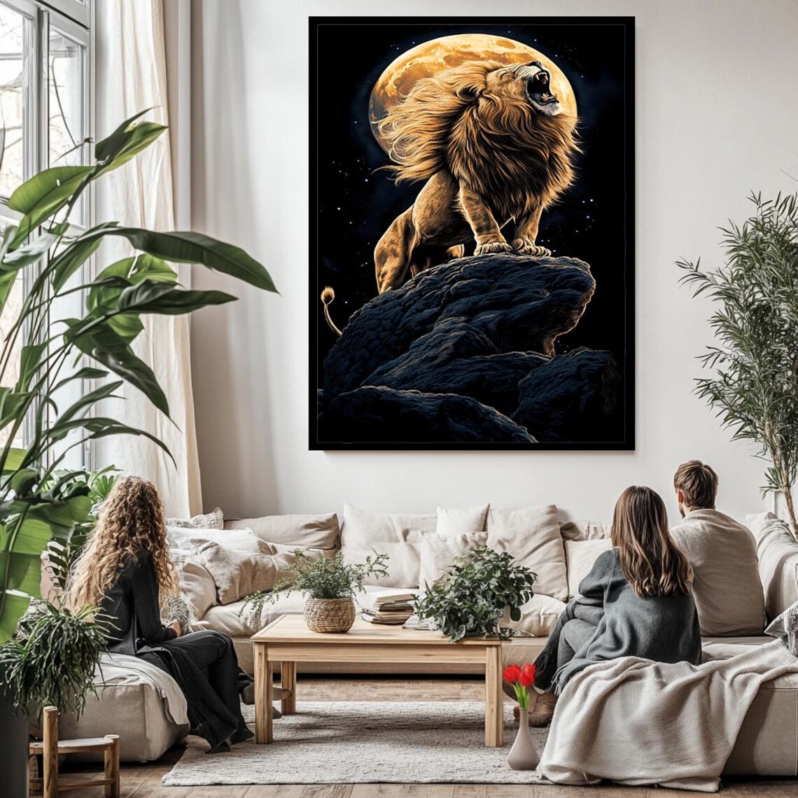 Roaring Lion Full Moon Night Rock Summit Majestic Wildlife Wall Poster - Image 3