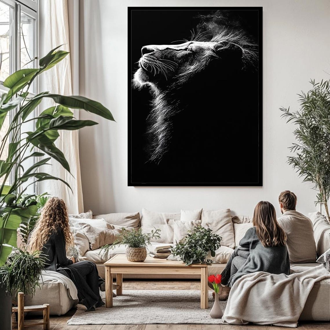 Black And White Lion Head Raised Dramatic Monochrome Modern Wall Art - Image 3