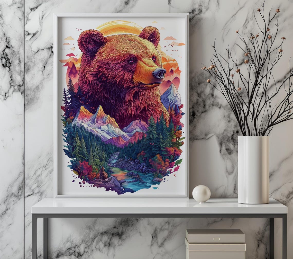 Majestic Grizzly Bear Mountain Sunset Forest Double Exposure Poster