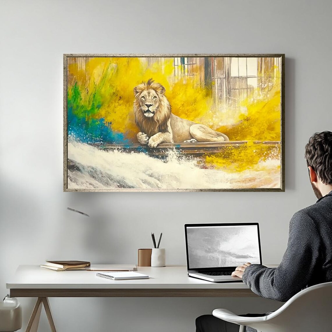 Majestic Lion Colorful Abstract Yellow Splash Modern Wildlife Art Poster - Image 5