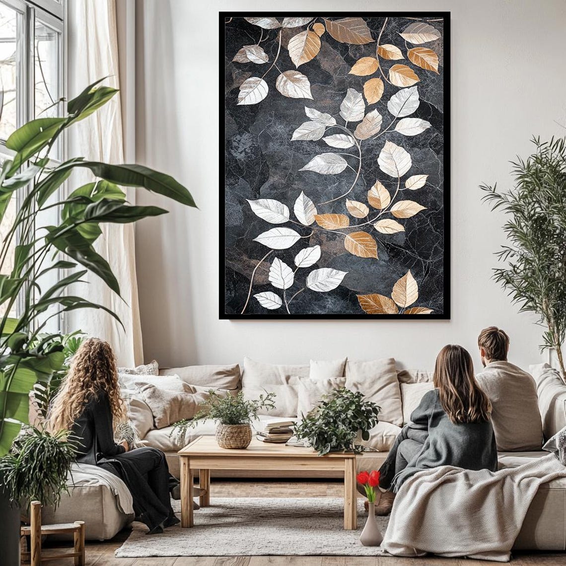 Gold And Silver Leaves Black Marble Botanical Modern Luxury Wall Art - Image 3