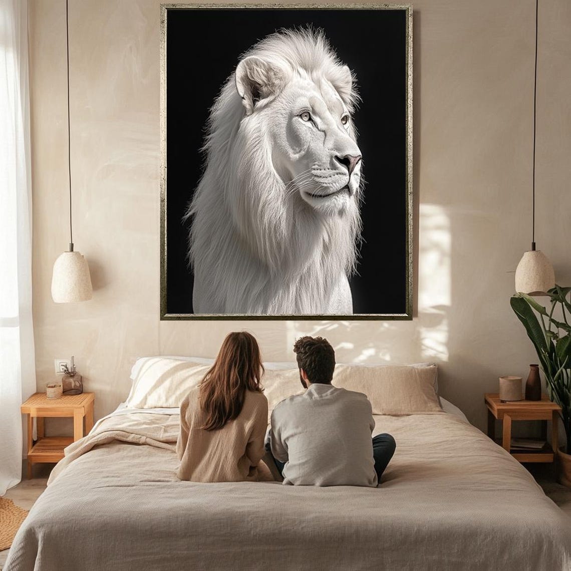 White Lion Side Profile Portrait On Black Background Dramatic Wall Art - Image 2