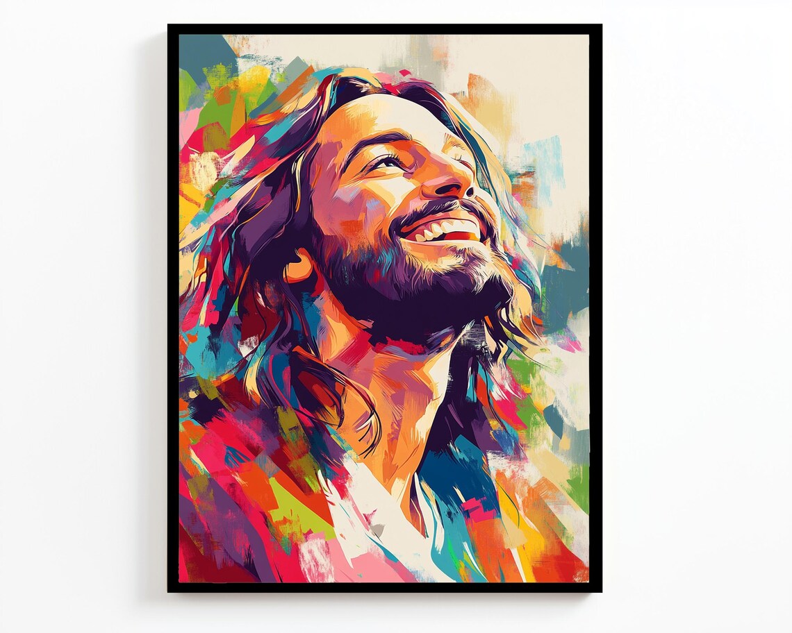 Joyful Laughing Jesus Colorful Pop Art Portrait Rainbow Brushwork Poster - Image 4