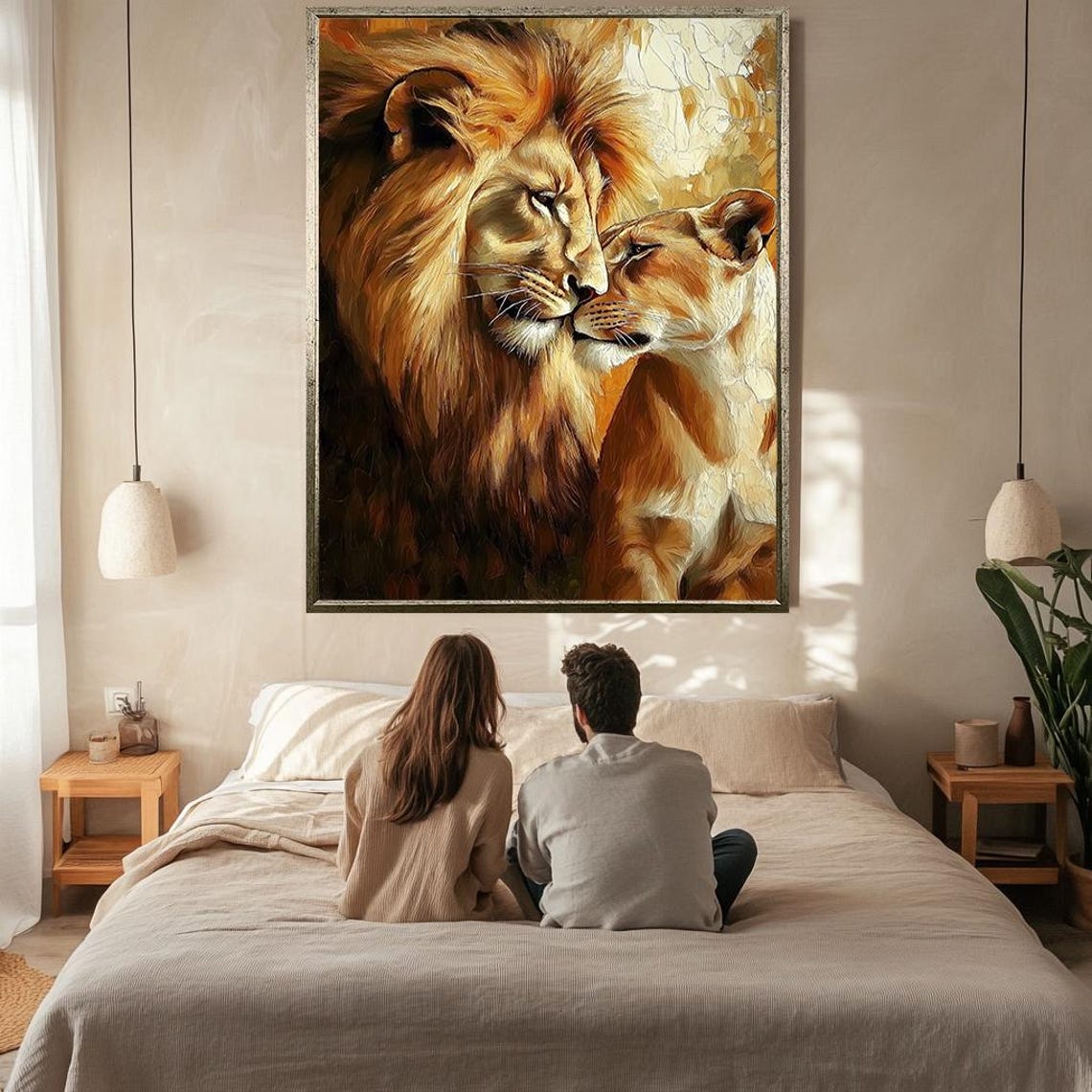 Lion and Lioness Tender Embrace Golden Romantic Wildlife Art Poster - Image 2