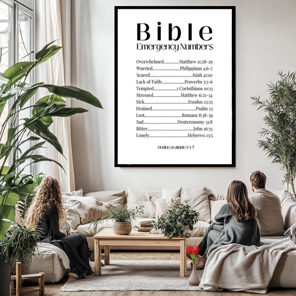 Bible Emergency Numbers Scripture Verse List Black White Typography Print - Image 2